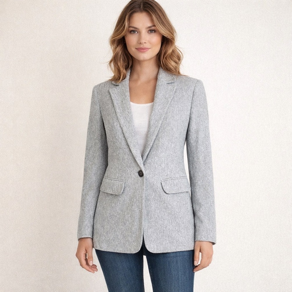 Loft Herringbone Dove Grey Longline Cotton Classic Blazer 2